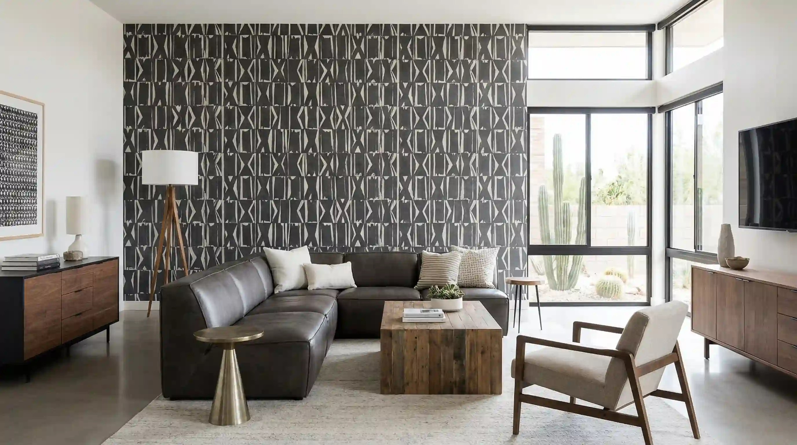 Illustrative contemporary room with a saffron botanical wallpaper feature wall